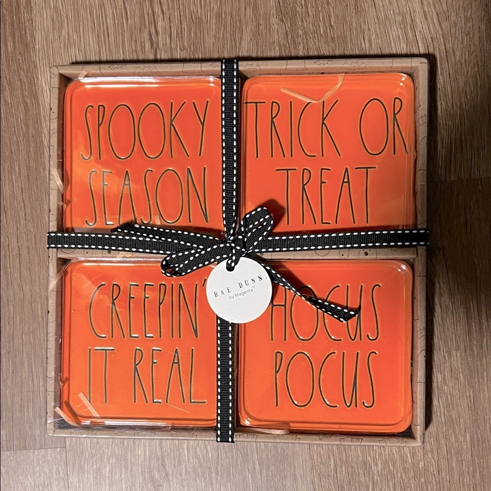 NIB Rae Dunn Orange Halloween Coasters Set